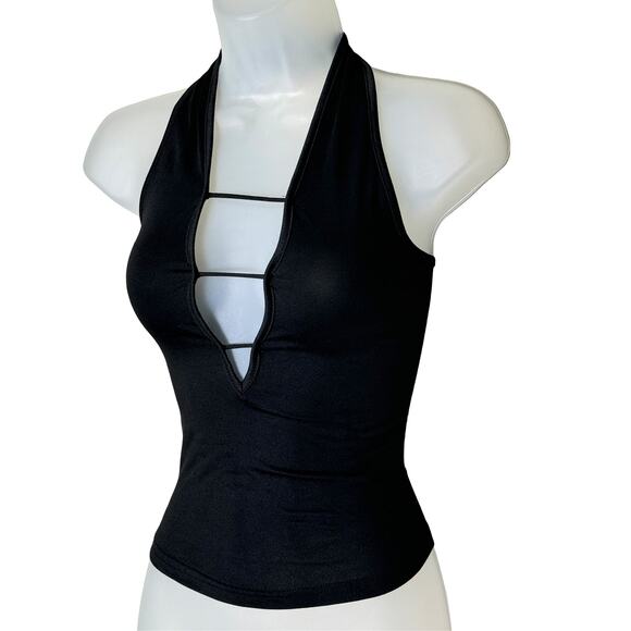 New Small Black Halter Cutout Top Strappy Front Open Sexy Sleeveless Tank Y2k - Picture 3 of 4